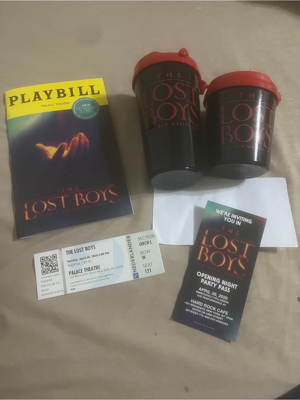 Lost Boys Opening Night BUNDLE Playbill Tix Cup Mugs Vampire Rock 4/26/2026